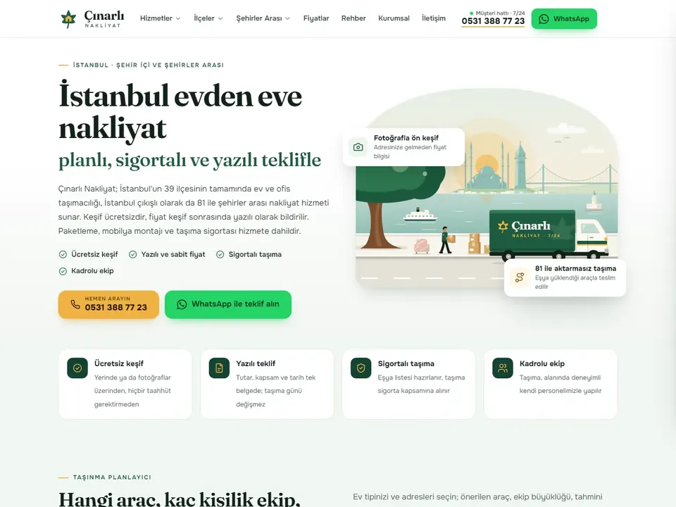 Çınarlı Nakliyat web sitesi ana sayfası
