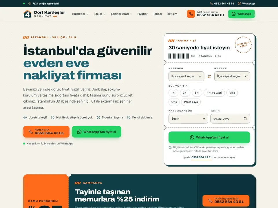 Dört Kardeşler Nakliyat web sitesi ana sayfası