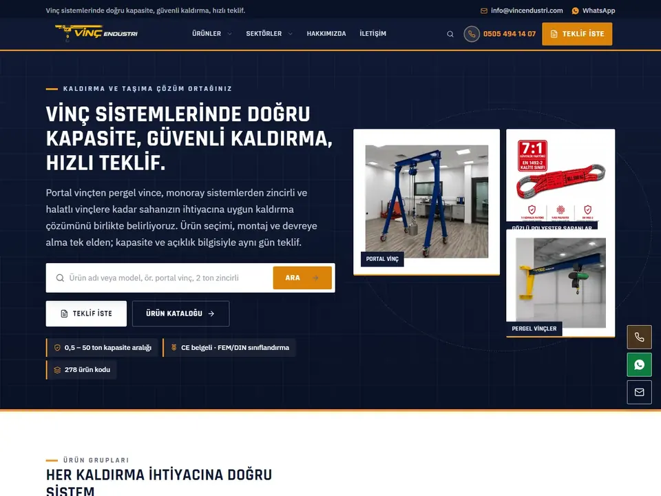 Vinç Endüstri web sitesi ana sayfası